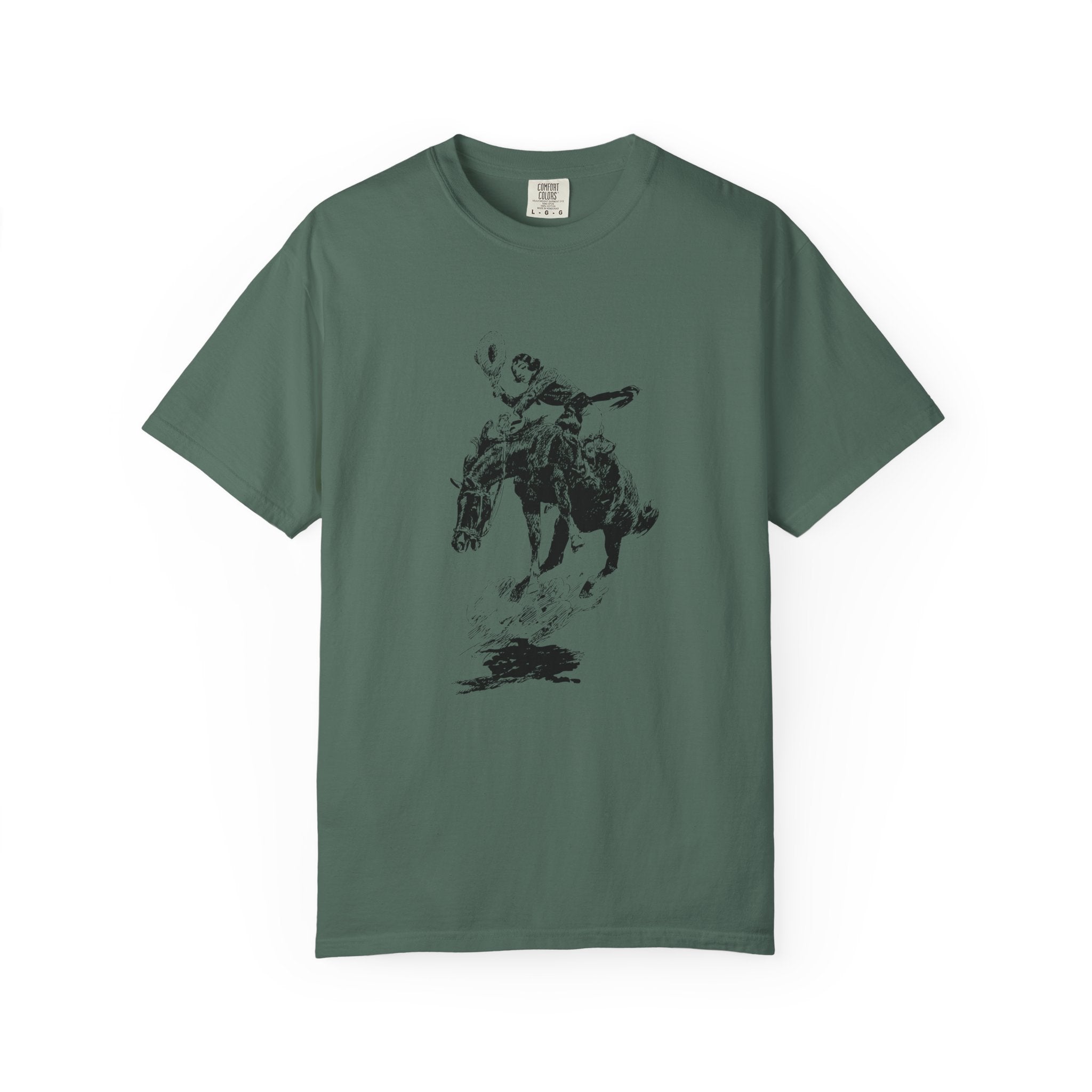Green T-shirt featuring a black-and-white sketch of Charles Marion Russell’s Bucking Horse and Cowgirl, showing a cowgirl riding a bucking horse.