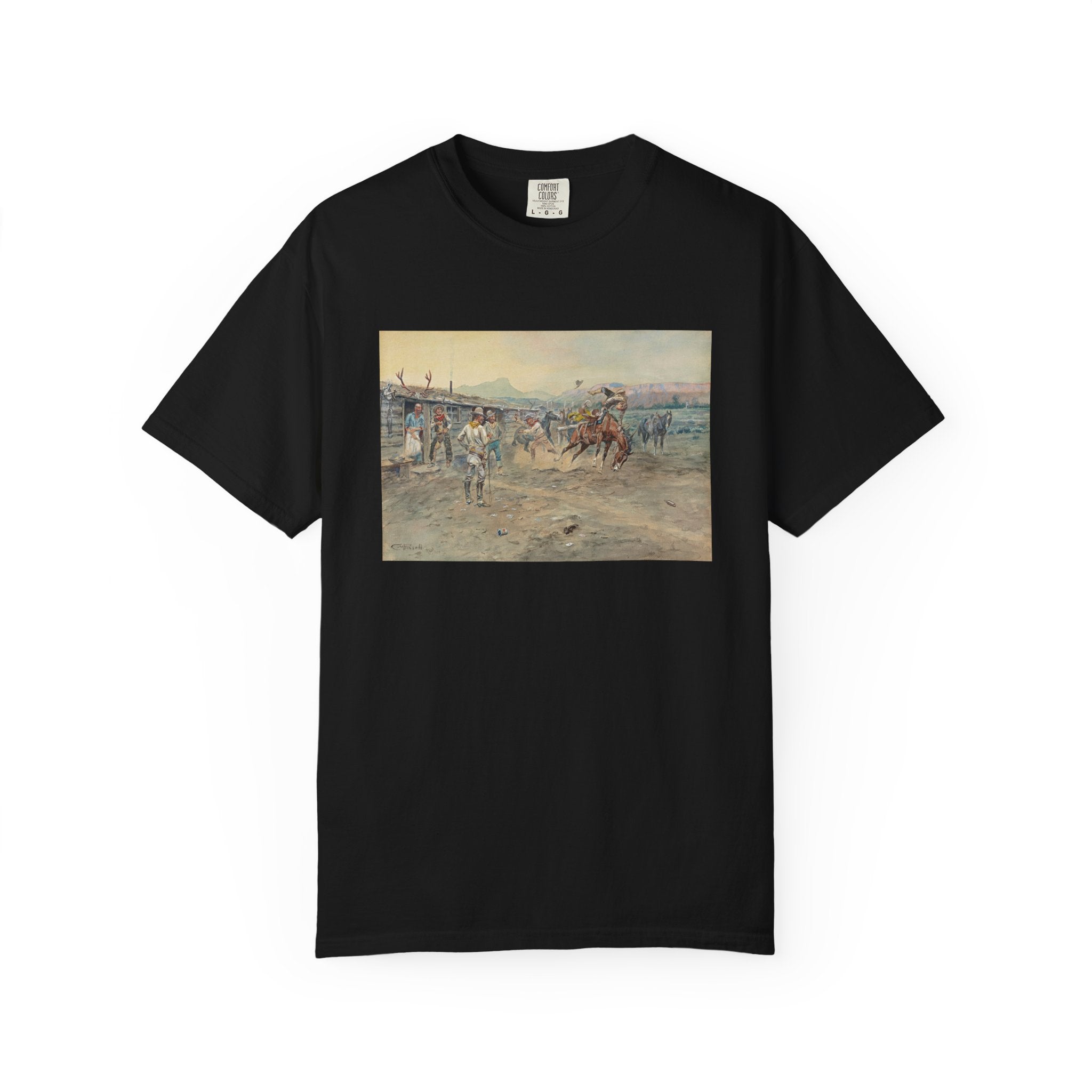Black T‑shirt featuring Charles Marion Russell’s The Tenderfoot, showing a tenderfoot being thrown from a bucking horse while cowboys look on in a lively Western scene.