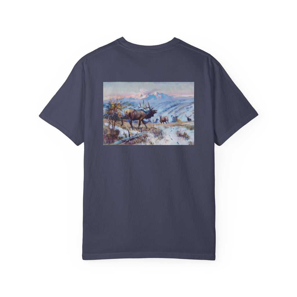 Navy blue T‑shirt featuring Charles Marion Russell’s The Call, showing an elk bugling in a natural Western landscape.