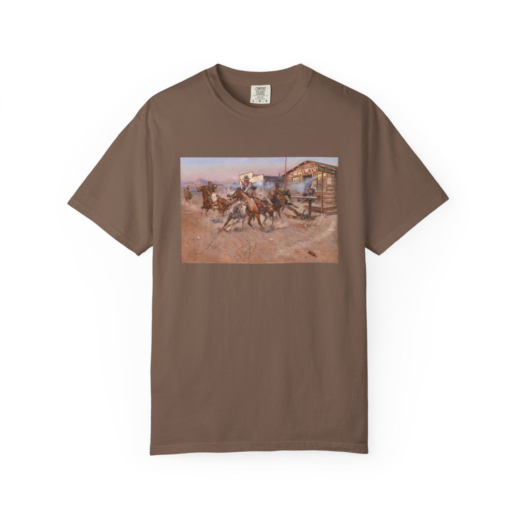 Brown T‑shirt featuring Charles Marion Russell’s Smoke of a .45, showing a cowboy firing his revolver in a tense Western scene.