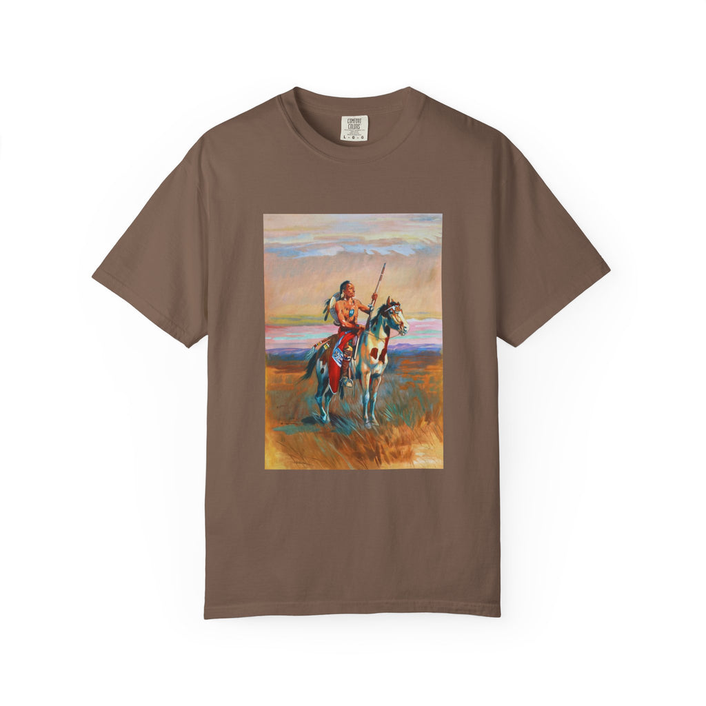 Brown T‑shirt featuring Charles Marion Russell’s The Scout, showing a lone Native American scout on horseback looking out over the landscape.