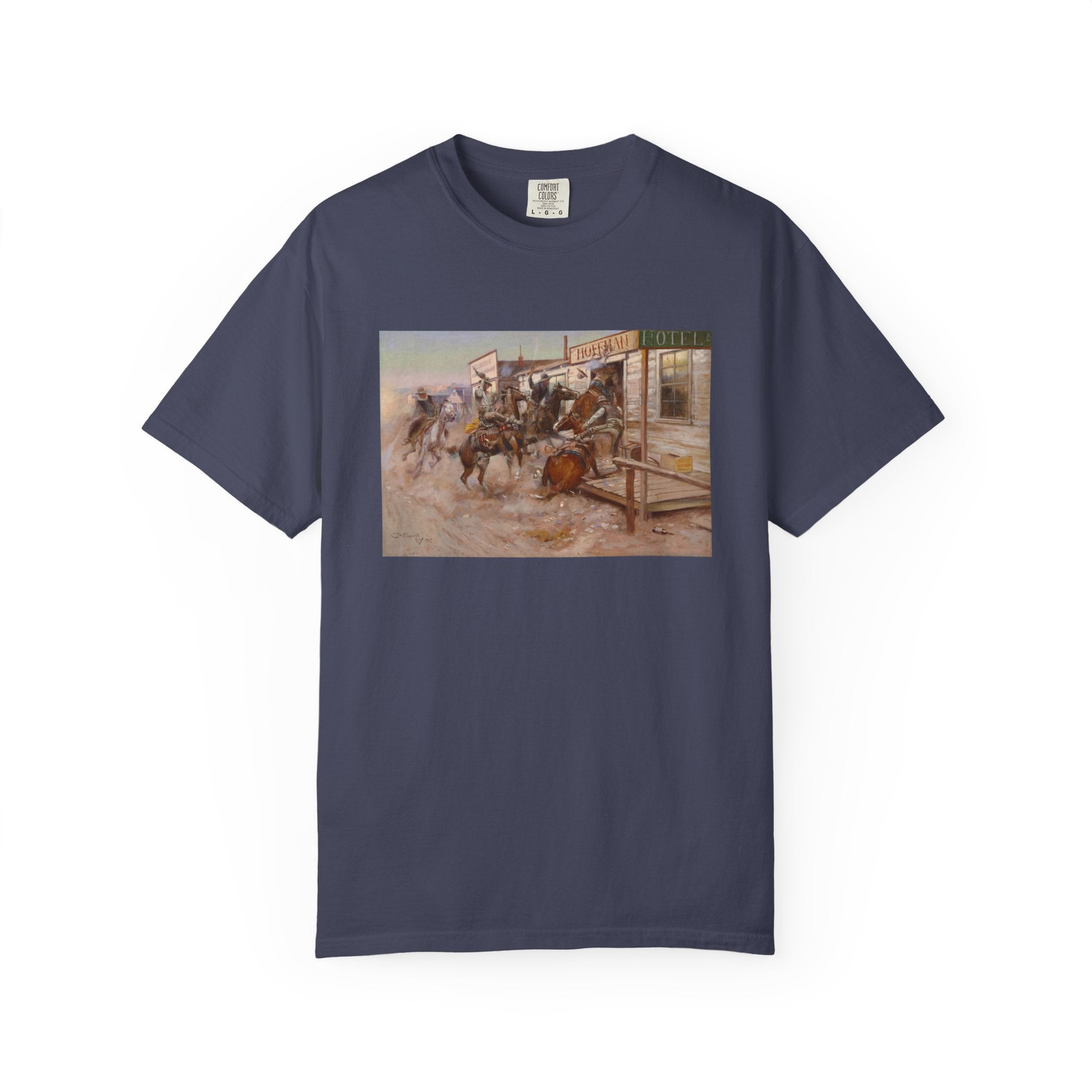 Navy blue T‑shirt featuring Charles Marion Russell’s In Without Knocking, showing cowboys riding horses into a frontier town, causing commotion outside a saloon.
