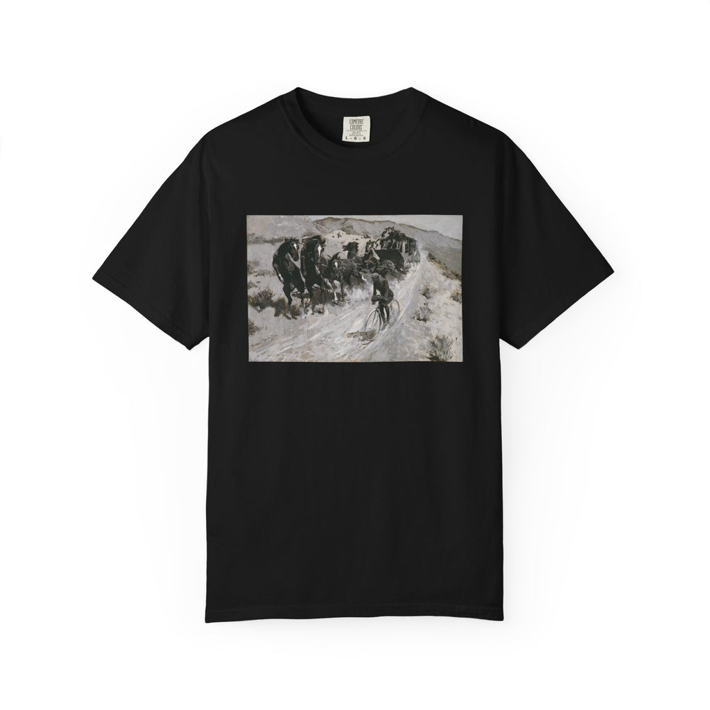 Black T‑shirt featuring Frederic Remington’s The Right of the Road, showing a horse-drawn carriage and a cyclist narrowly sharing a mountain road.