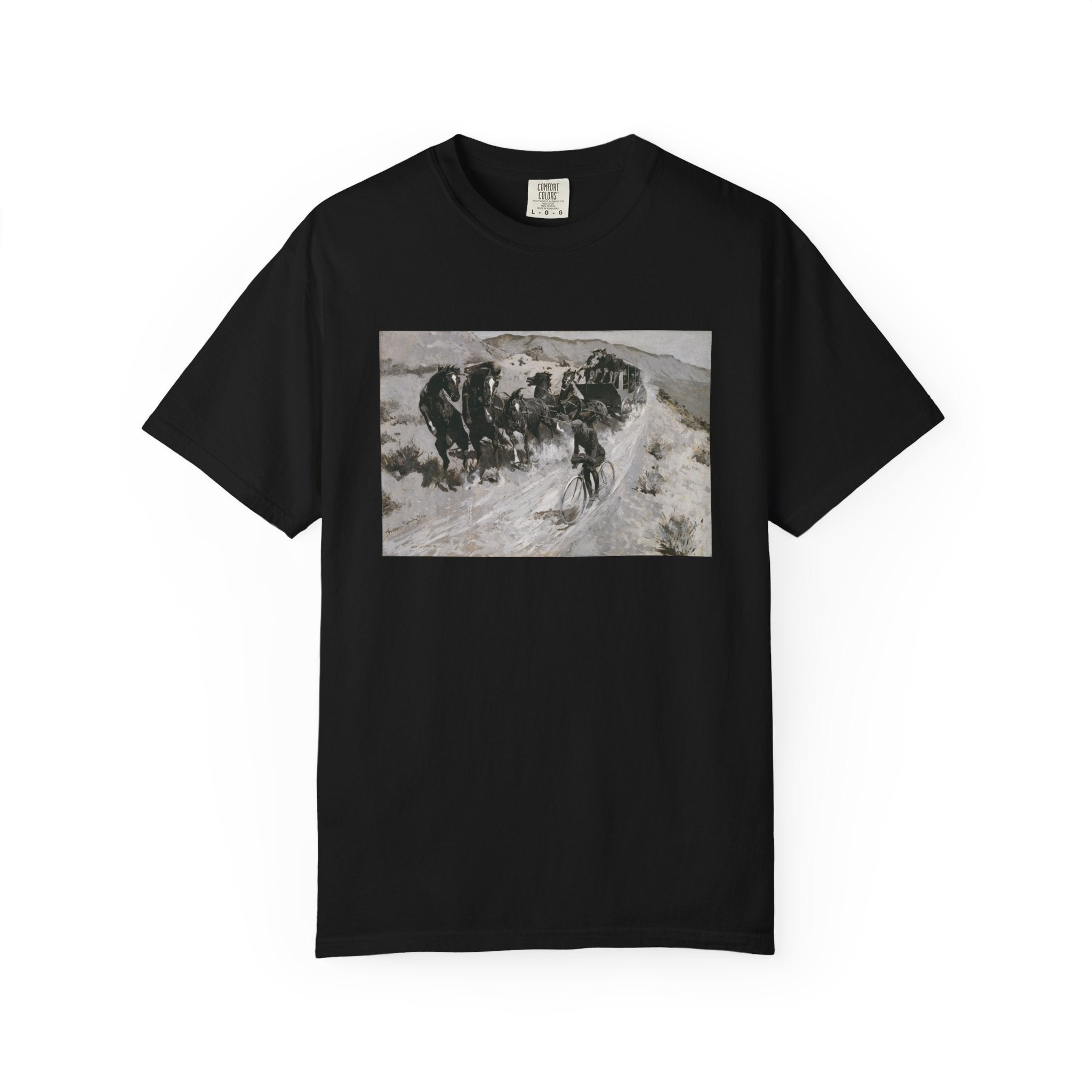 Black T‑shirt featuring Frederic Remington’s The Right of the Road, showing a horse-drawn carriage and a cyclist narrowly sharing a mountain road.