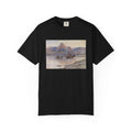 Black T‑shirt featuring Charles Marion Russell’s Return of the Horse Thieves, showing horse thieves leading stolen horses across a river in a Western landscape.