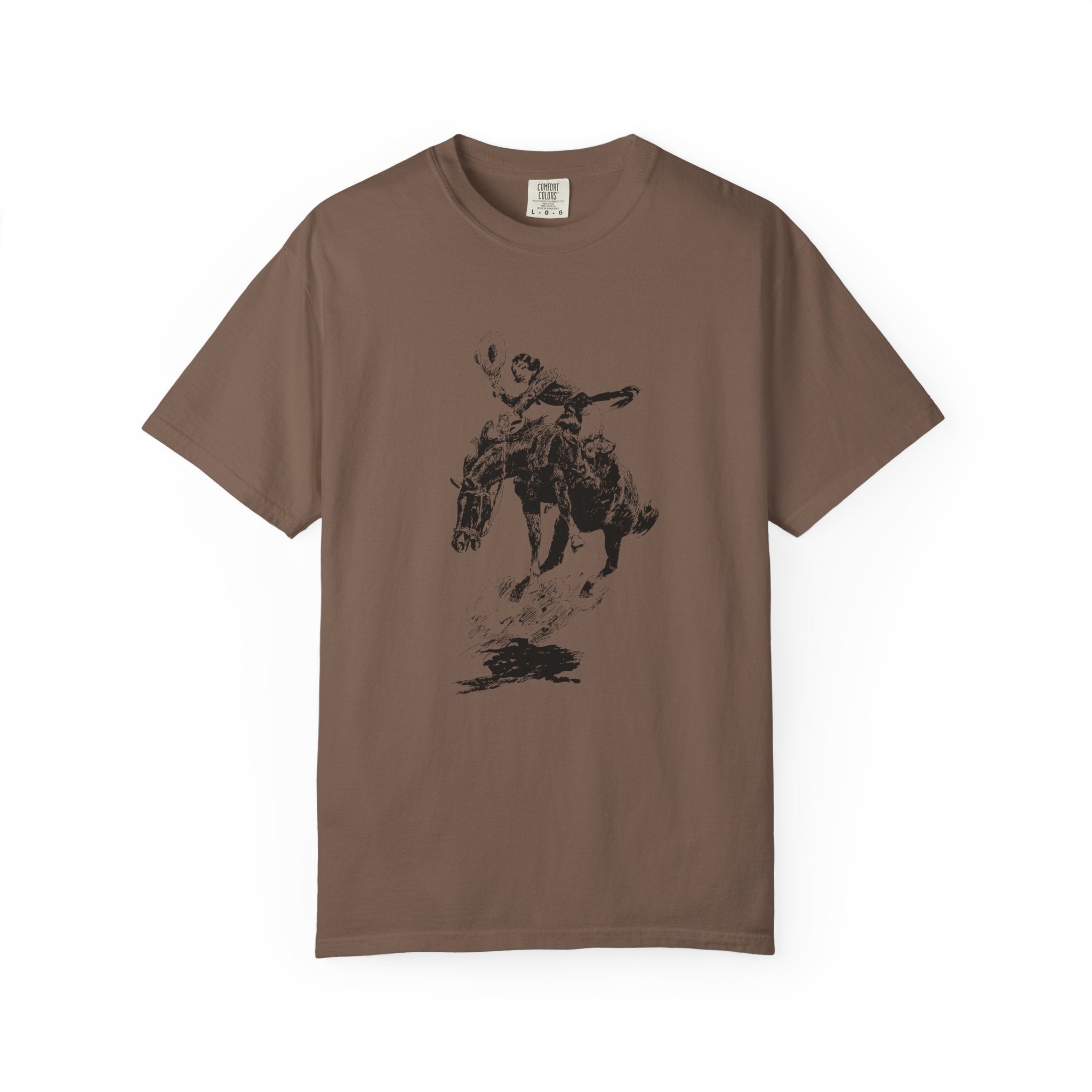 Brown T-shirt featuring a black-and-white sketch of Charles Marion Russell’s Bucking Horse and Cowgirl, showing a cowgirl riding a bucking horse.