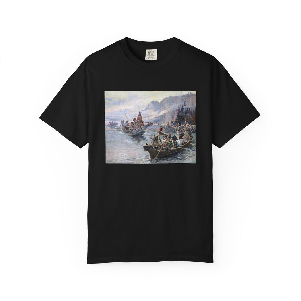 Black T‑shirt featuring Charles Marion Russell’s Lewis and Clark Expedition scene, showing members of the expedition in canoes meeting Native Americans along a river.