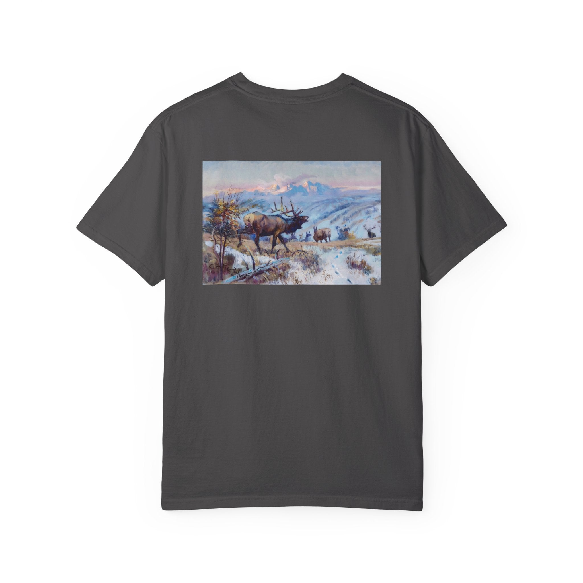 Gray T‑shirt featuring Charles Marion Russell’s The Call, showing an elk bugling in a natural Western landscape.