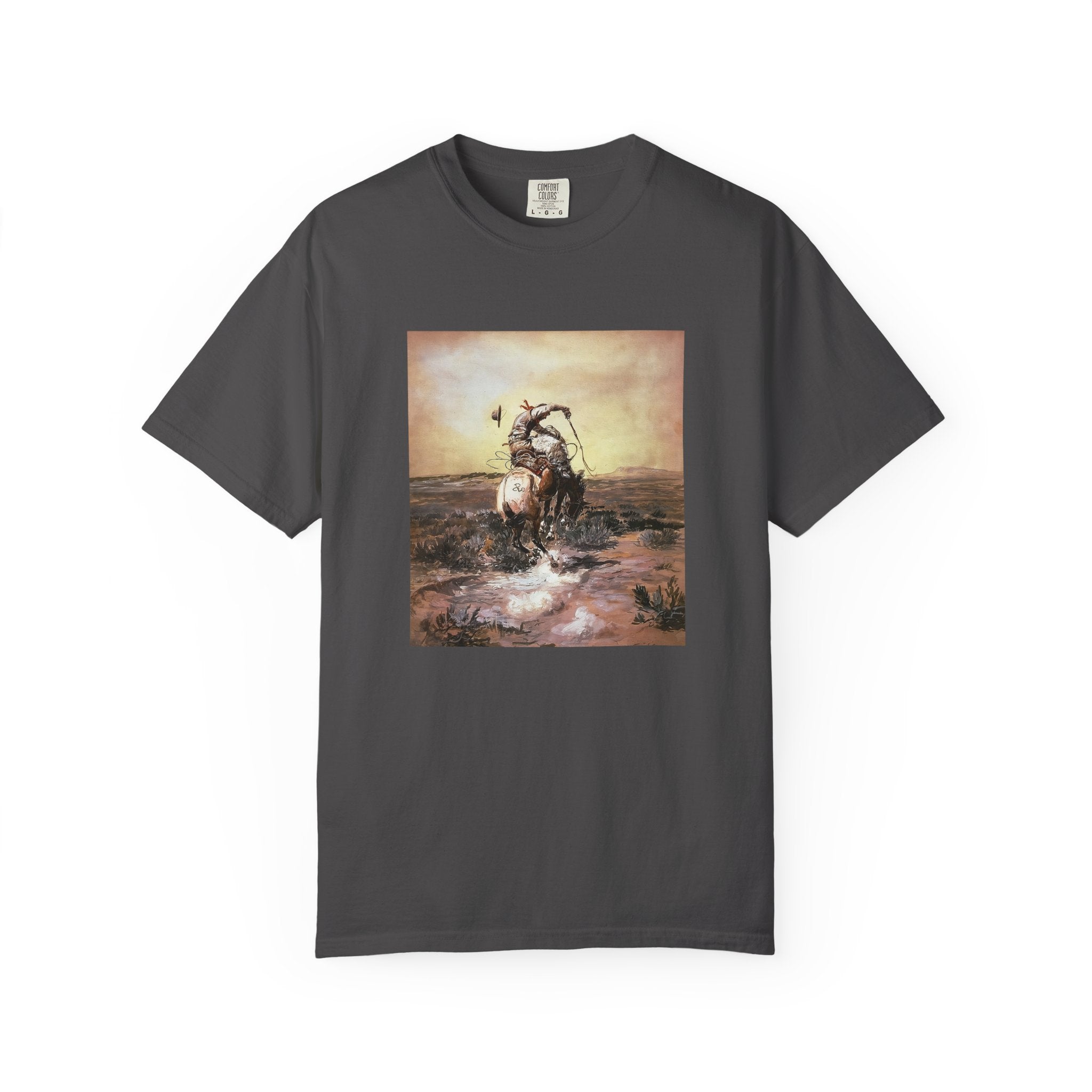 Gray T‑shirt featuring Charles Marion Russell’s A Slick Rider, showing a cowboy riding a bucking horse.