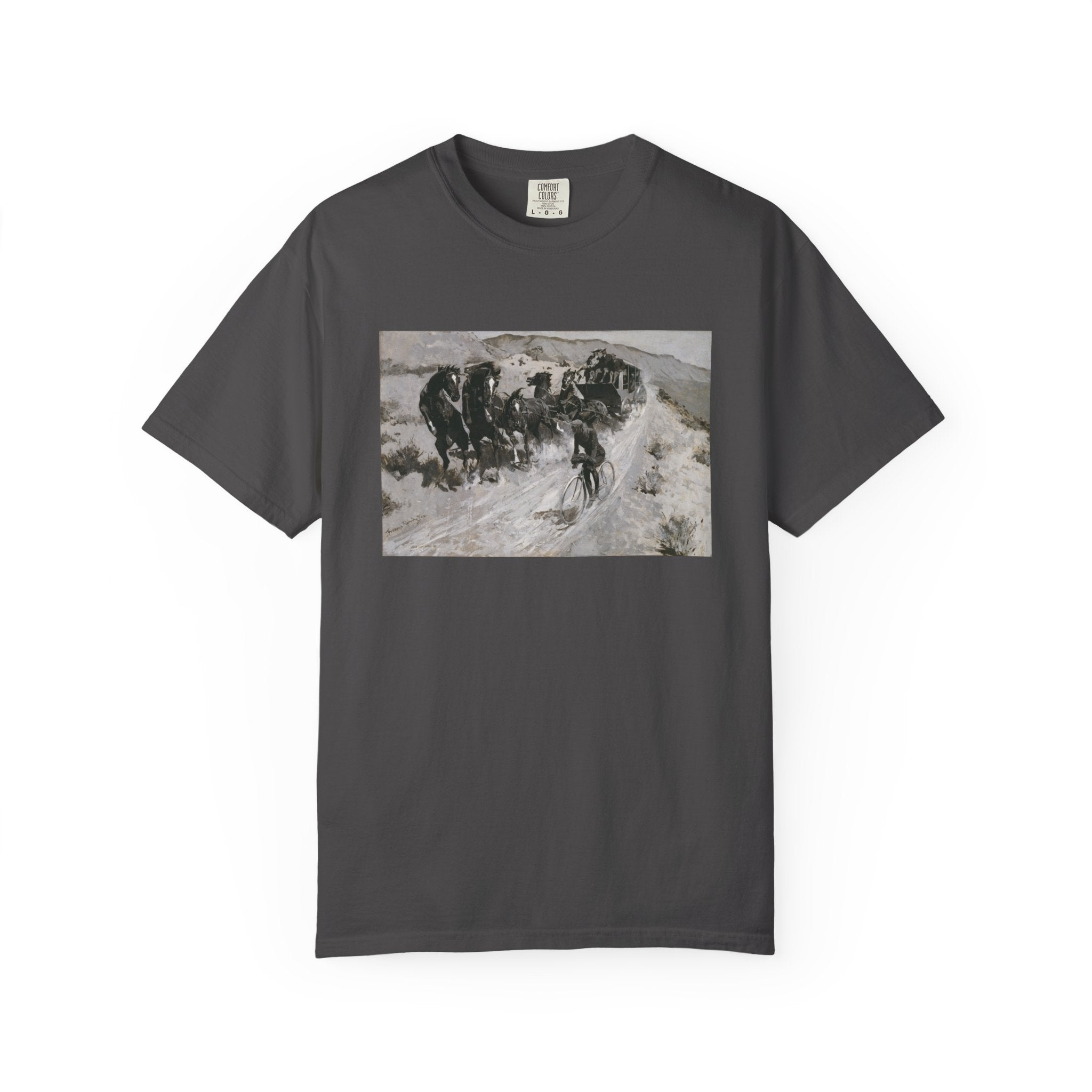 Gray T‑shirt featuring Frederic Remington’s The Right of the Road, showing a horse-drawn carriage and a cyclist narrowly sharing a mountain road.