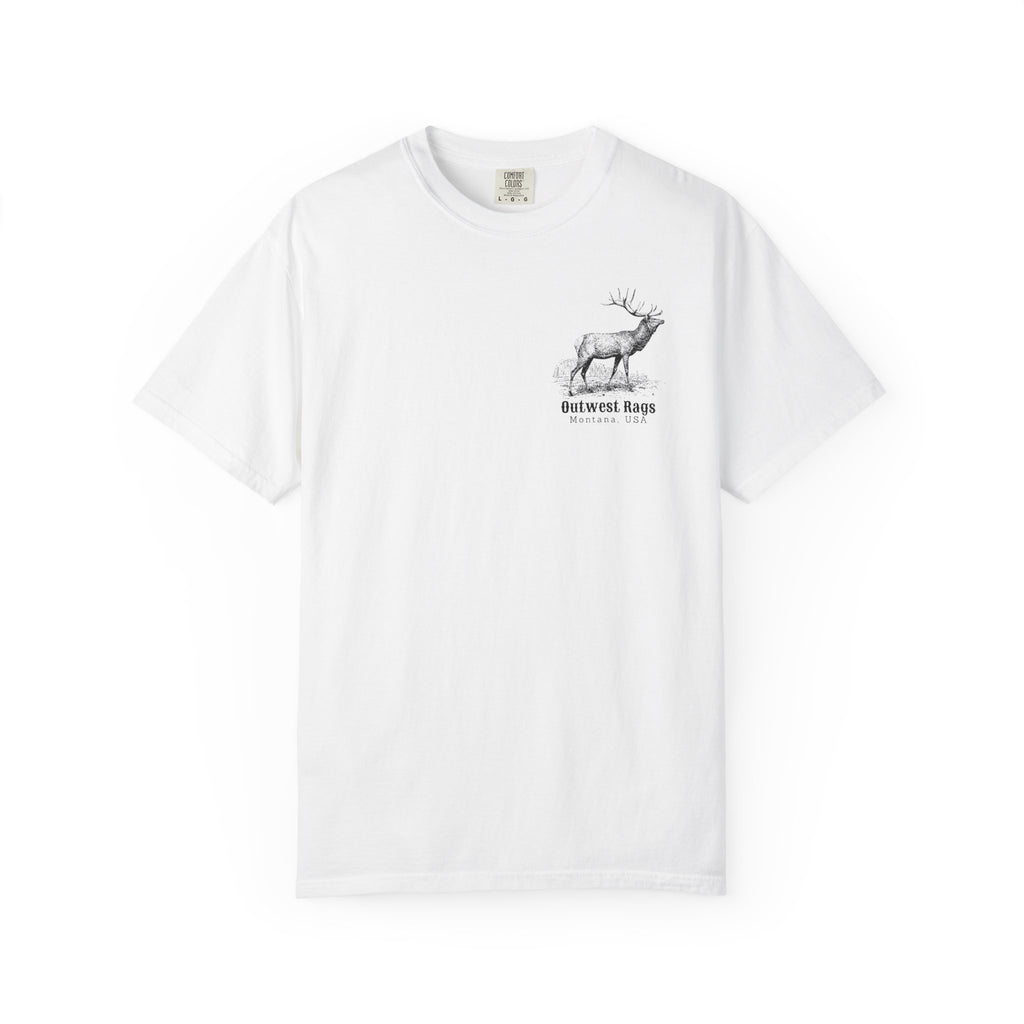 White T‑shirt featuring Charles Marion Russell’s The Call, showing an elk bugling in a natural Western landscape.