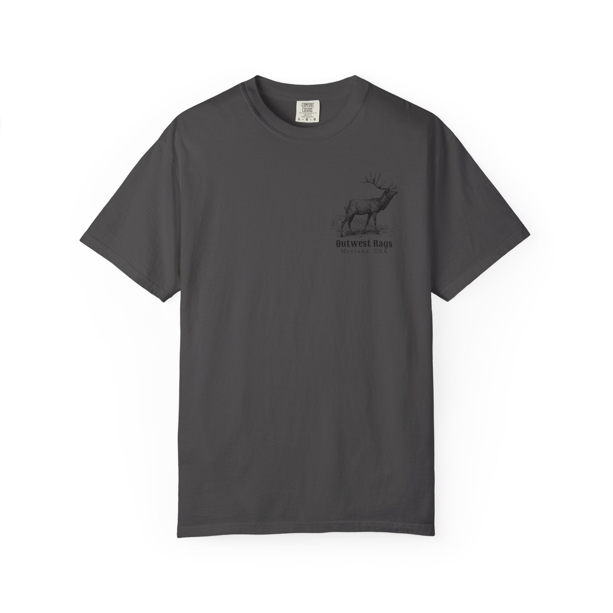 Gray T‑shirt featuring Charles Marion Russell’s The Call, showing an elk bugling in a natural Western landscape.