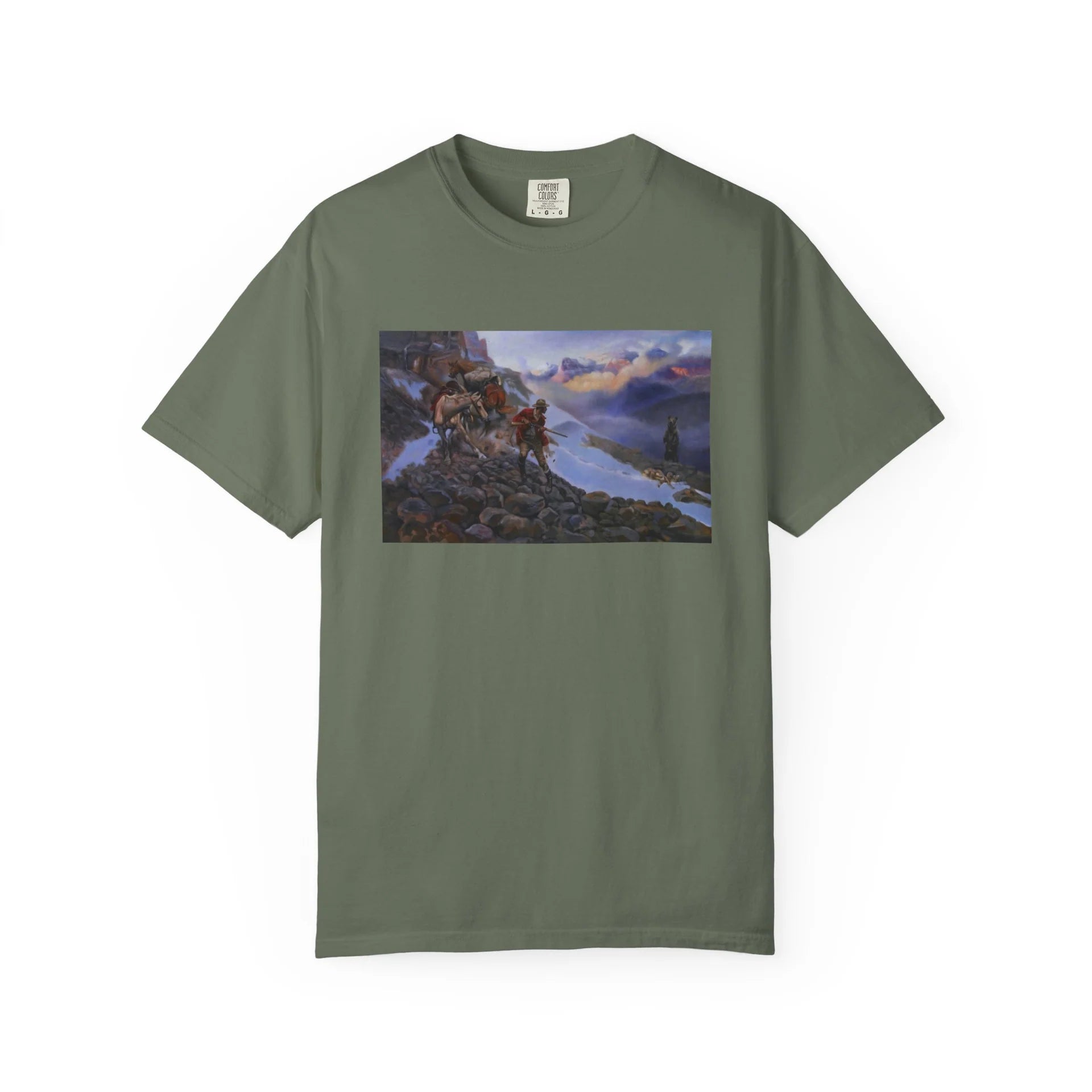 Green T-shirt featuring Charles Marion Russell’s Whose Meat?, with a cowboy on foot and his horse confronting a bear over a deer.