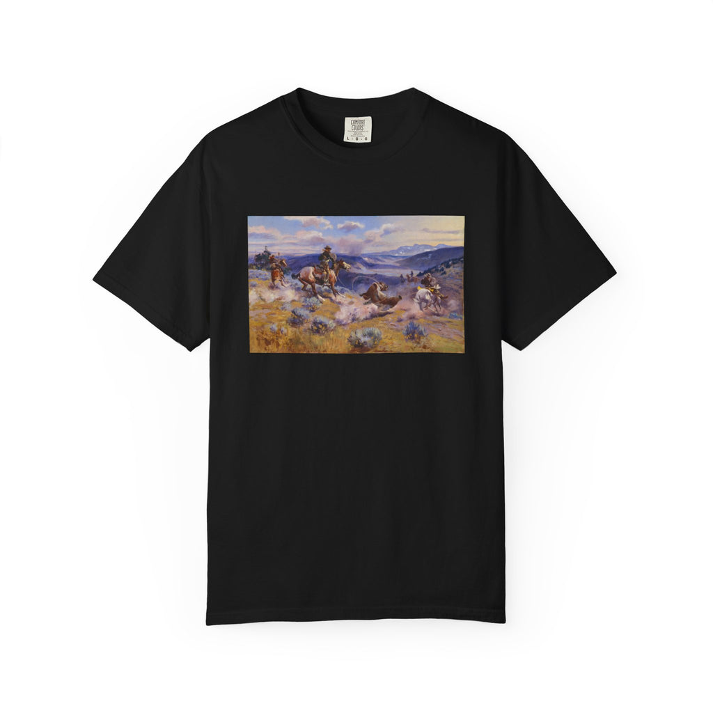 Black T‑shirt featuring Charles Marion Russell’s Loops and Swift Horses Are Surer than Lead, showing cowboys with horses confronting a grizzly bear in a dynamic Western scene.