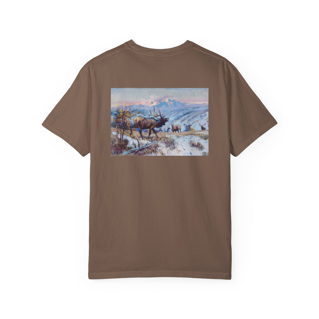 Brown T‑shirt featuring Charles Marion Russell’s The Call, showing an elk bugling in a natural Western landscape.