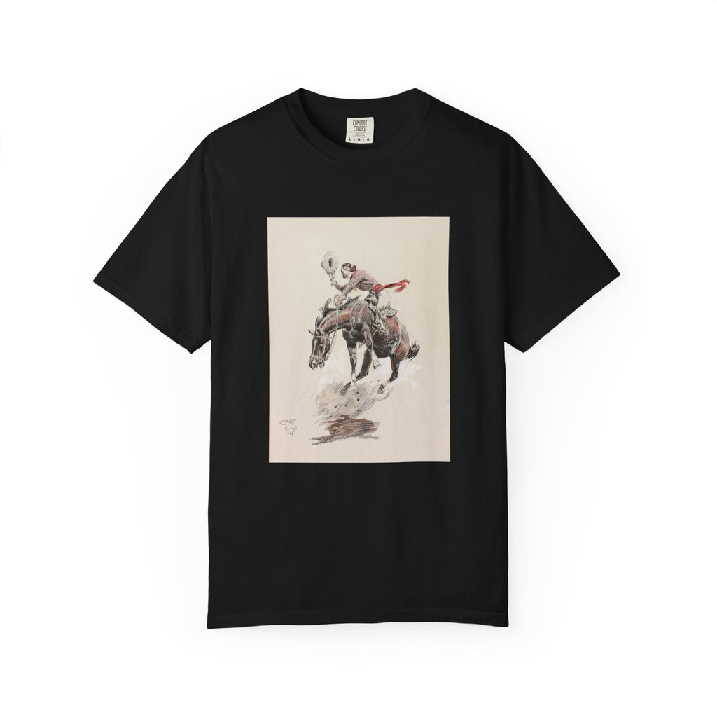 Black T-shirt featuring Charles Marion Russell’s Bucking Horse and Cowgirl, showing a cowgirl riding a bucking horse in a Western scene.