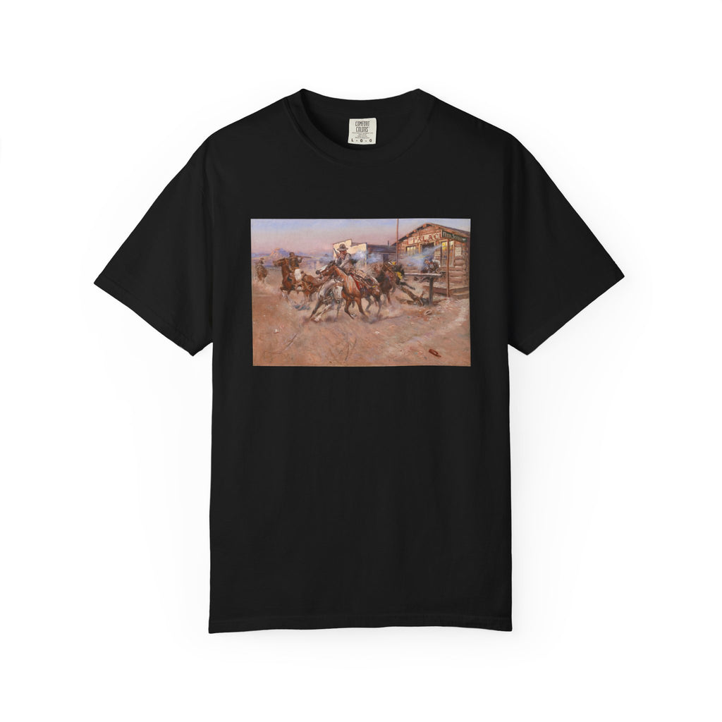 Black T‑shirt featuring Charles Marion Russell’s Smoke of a .45, showing a cowboy firing his revolver in a tense Western scene.