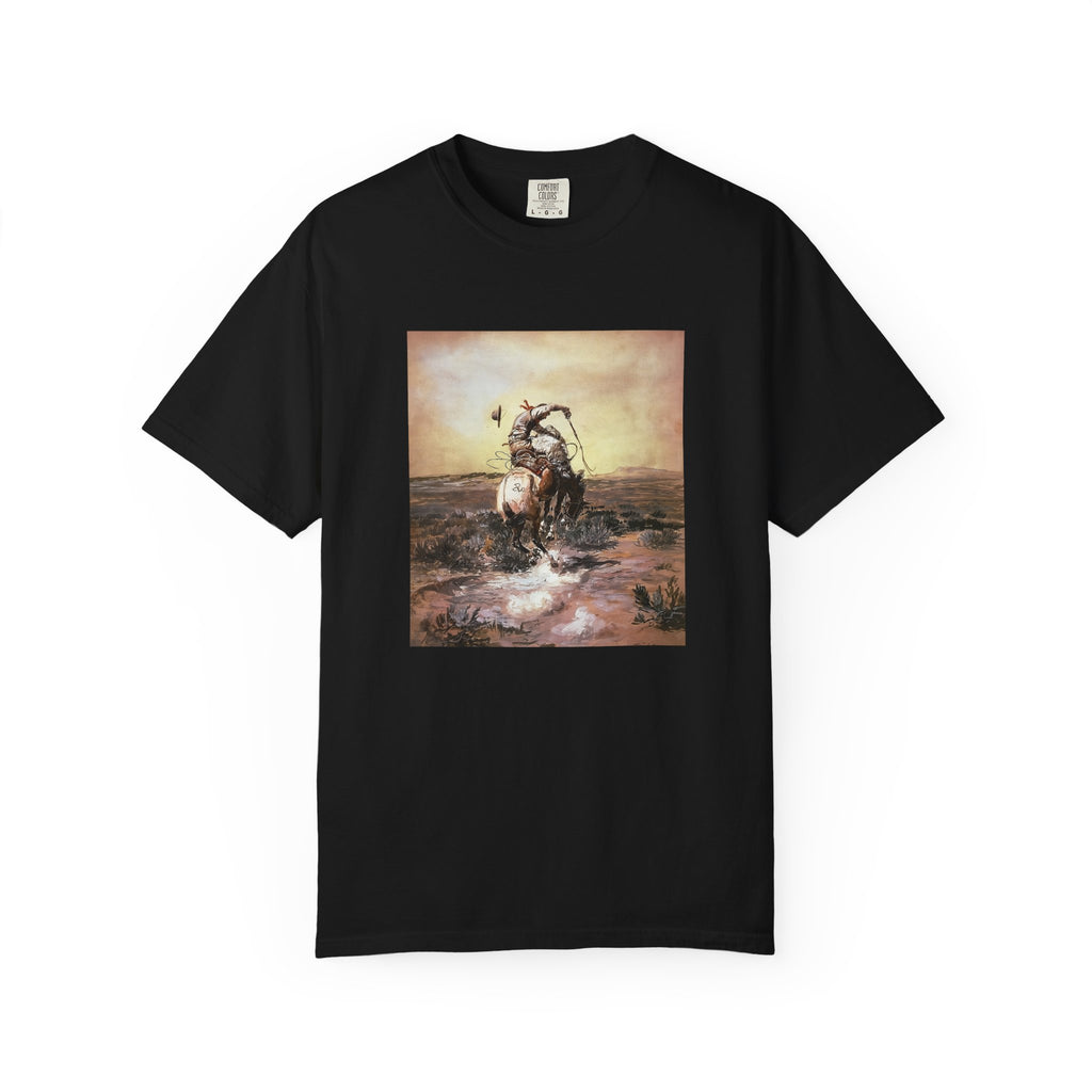 Black T‑shirt featuring Charles Marion Russell’s A Slick Rider, showing a cowboy riding a bucking horse.