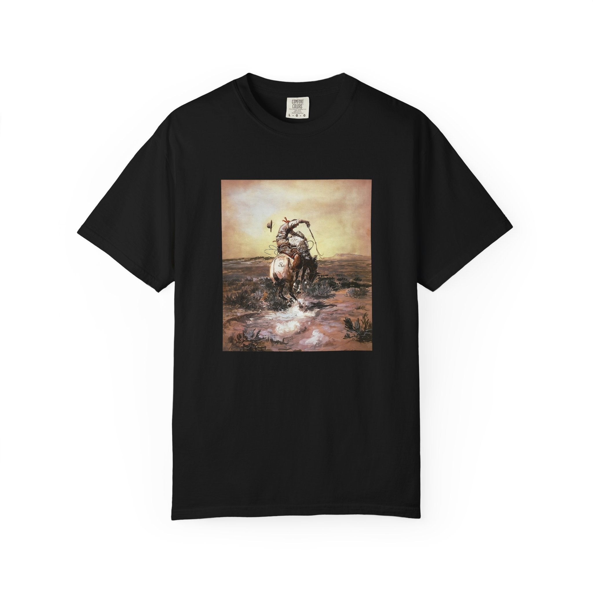 Black T‑shirt featuring Charles Marion Russell’s A Slick Rider, showing a cowboy riding a bucking horse.
