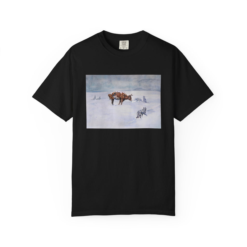 Black T‑shirt featuring Charles Marion Russell’s The Last Five Thousand (Waiting for a Chinook), showing a starving steer surrounded by wolves in a bleak winter landscape.