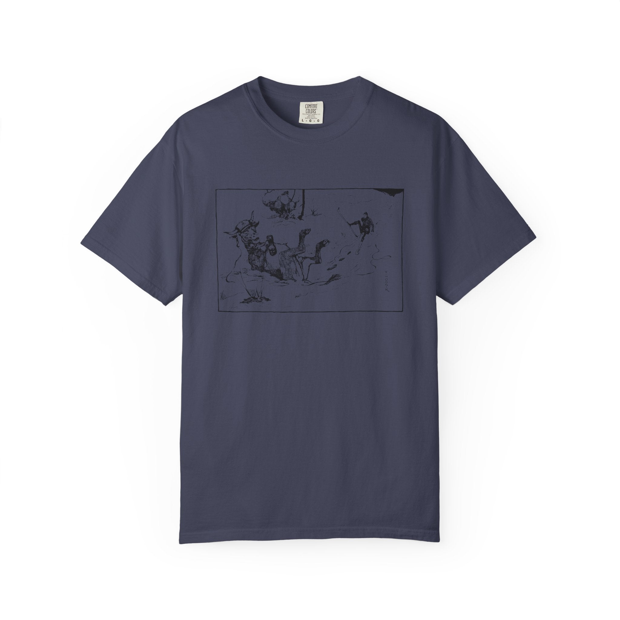 Navy blue T‑shirt featuring Valentin Hodnik’s artwork, showing a skier and a cow nearly colliding on a snowy slope.