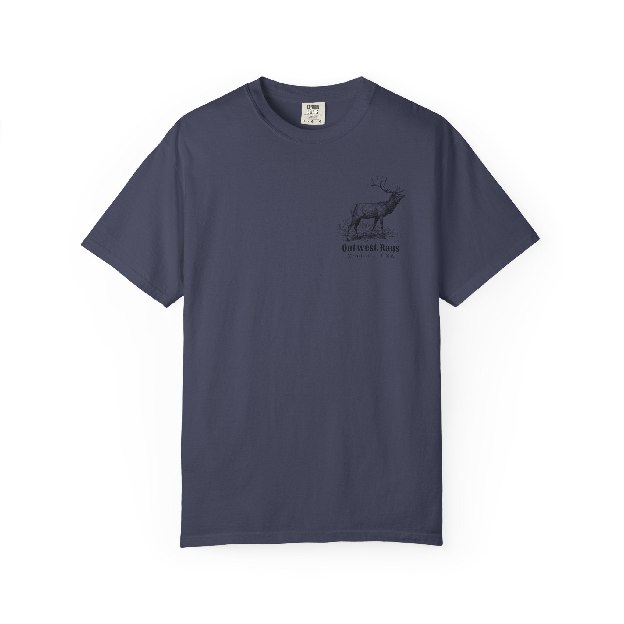 Navy blue T‑shirt featuring Charles Marion Russell’s The Call, showing an elk bugling in a natural Western landscape.