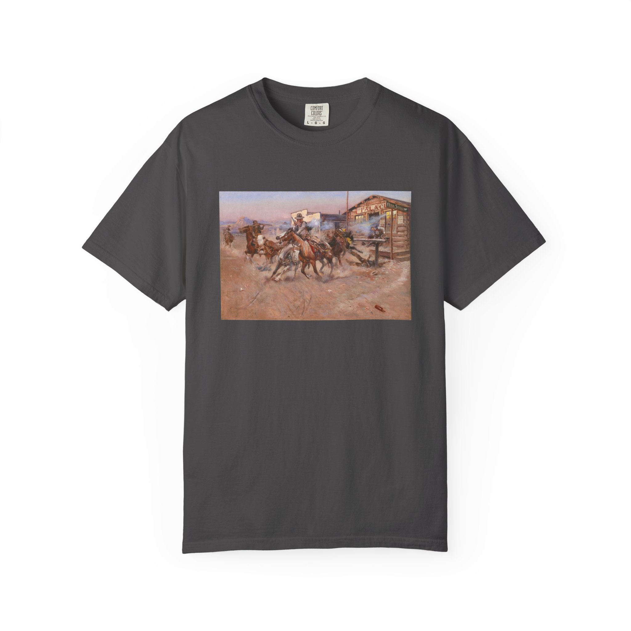 Gray T‑shirt featuring Charles Marion Russell’s Smoke of a .45, showing a cowboy firing his revolver in a tense Western scene.