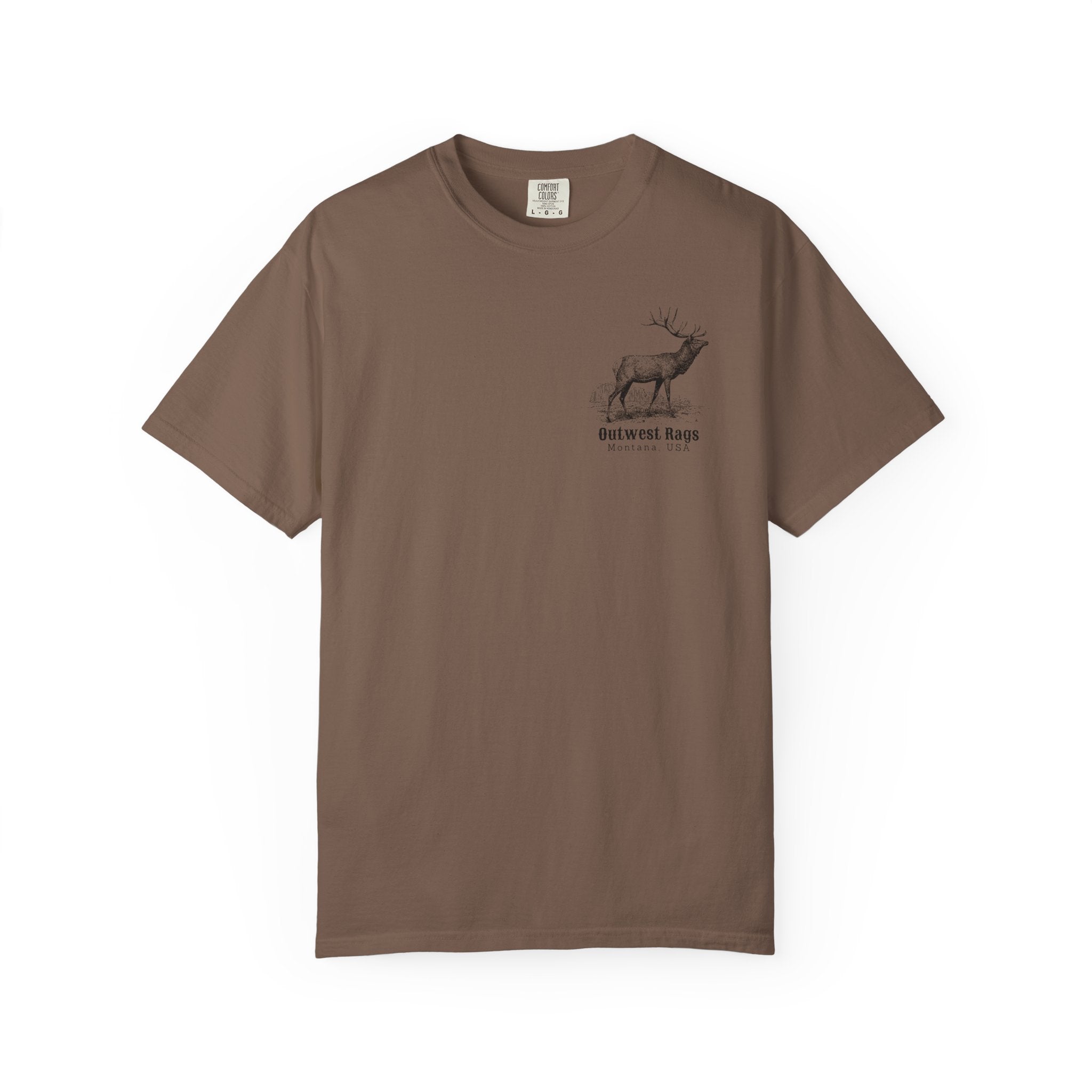 Brown T‑shirt featuring Charles Marion Russell’s The Call, showing an elk bugling in a natural Western landscape.
