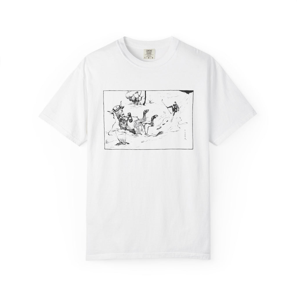 White T‑shirt featuring Valentin Hodnik’s artwork, showing a skier and a cow nearly colliding on a snowy slope.