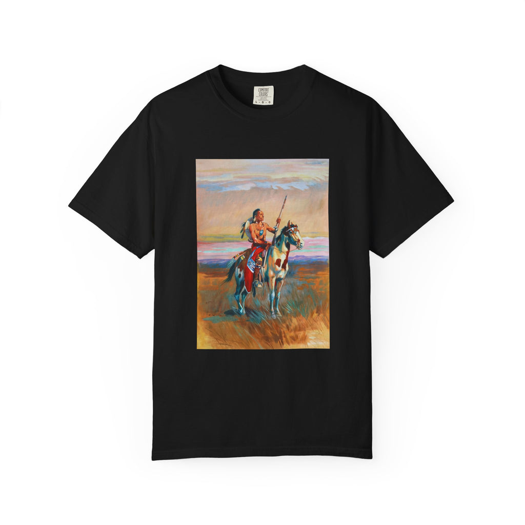 Black T‑shirt featuring Charles Marion Russell’s The Scout, showing a lone Native American scout on horseback looking out over the landscape.