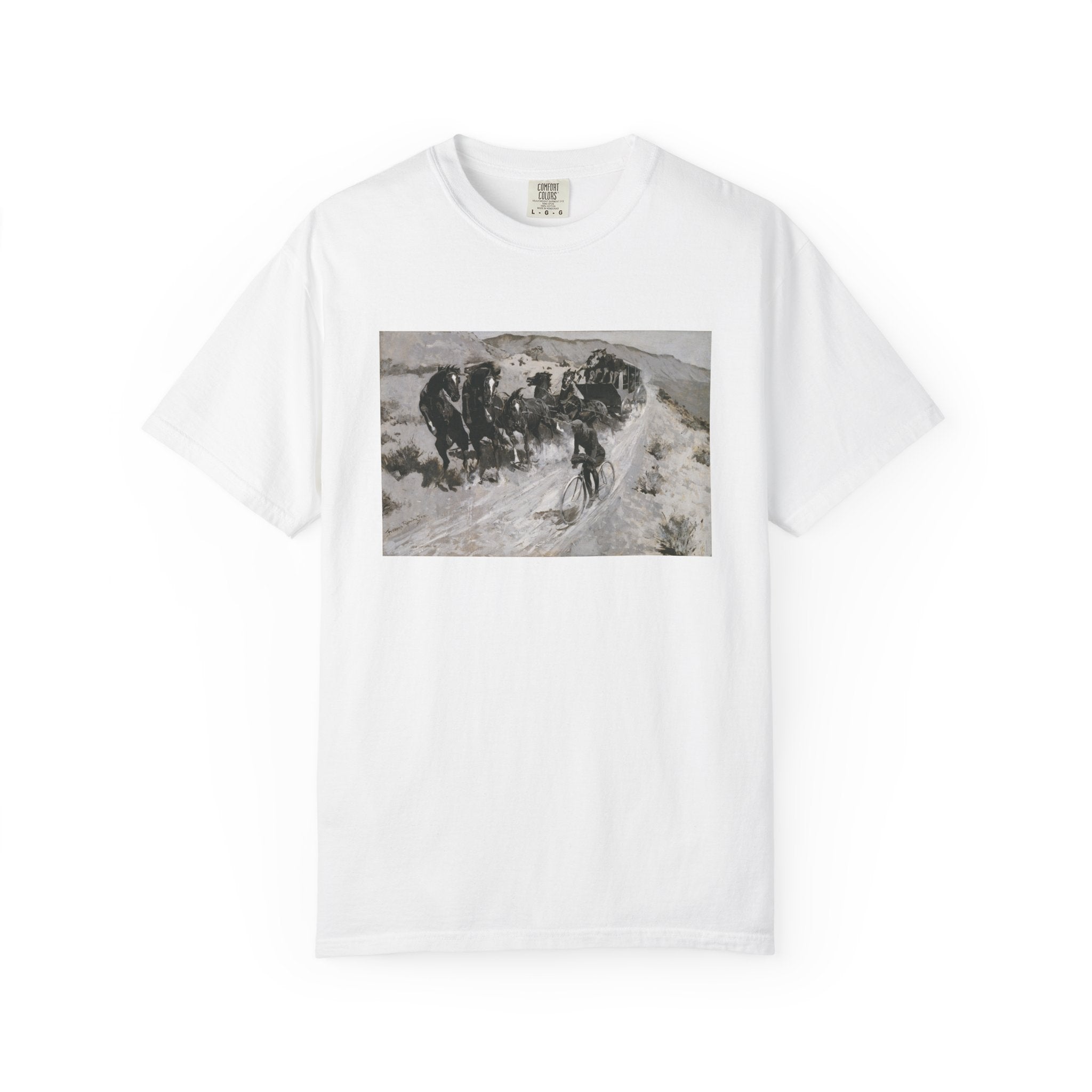White T‑shirt featuring Frederic Remington’s The Right of the Road, showing a horse-drawn carriage and a cyclist narrowly sharing a mountain road.