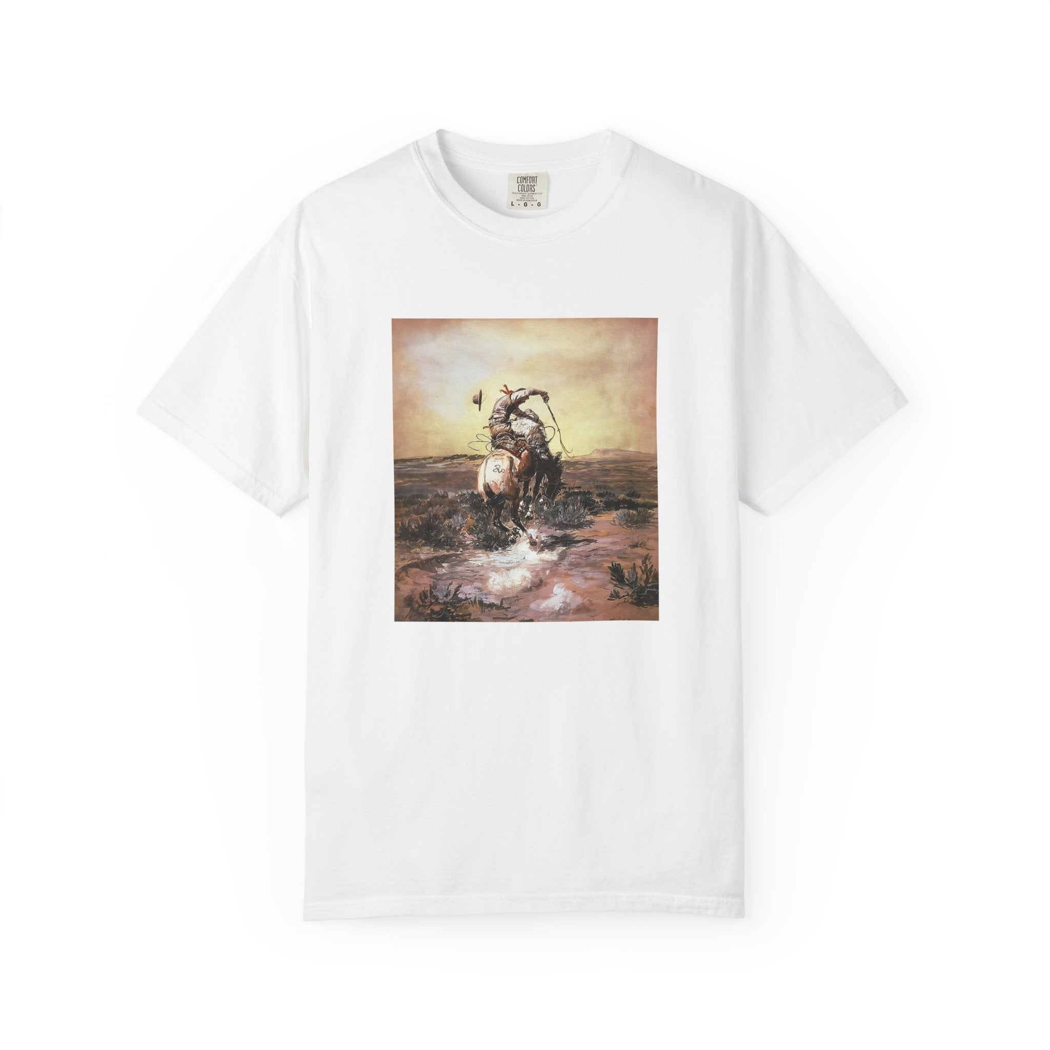 White T‑shirt featuring Charles Marion Russell’s A Slick Rider, showing a cowboy riding a bucking horse.