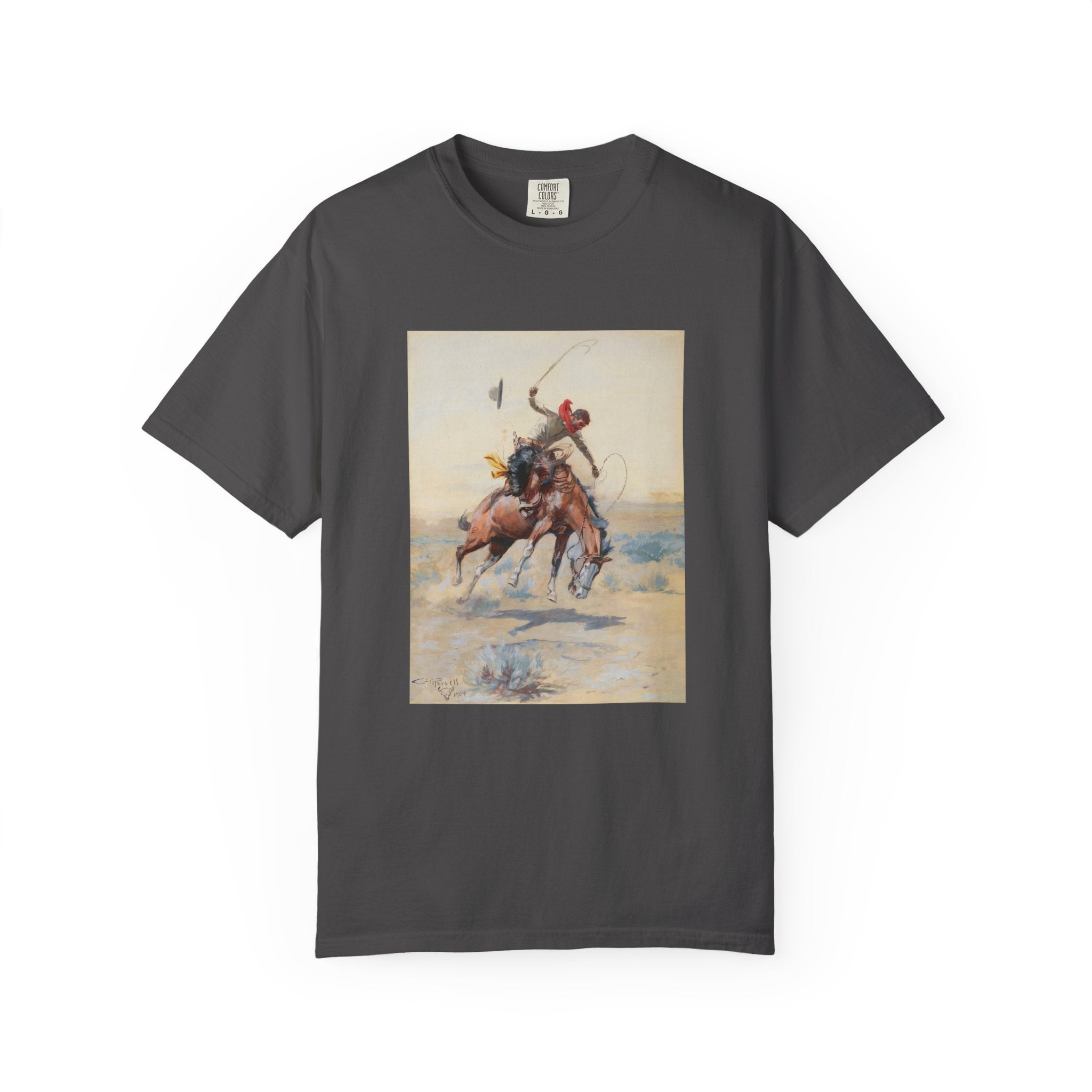 Gray T-shirt featuring Charles Marion Russell’s The Bucker, showing a cowboy riding a bucking horse in a Western landscape.