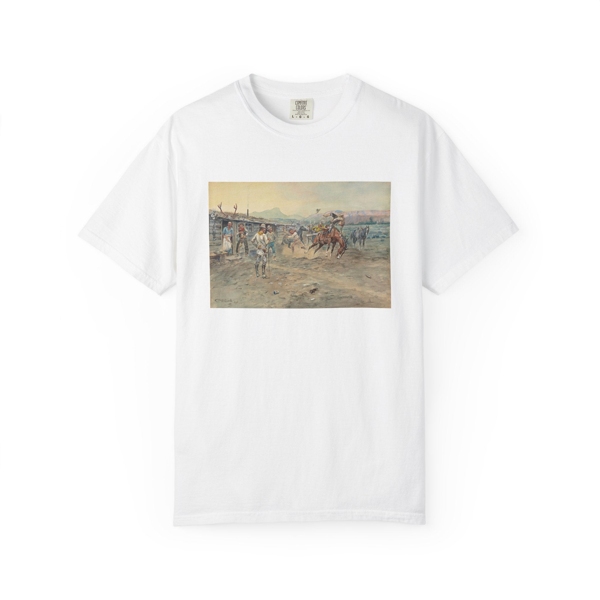 White T‑shirt featuring Charles Marion Russell’s The Tenderfoot, showing a tenderfoot being thrown from a bucking horse while cowboys look on in a lively Western scene.