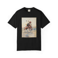 Black T-shirt featuring Charles Marion Russell’s The Bucker, showing a cowboy riding a bucking horse in a Western landscape.