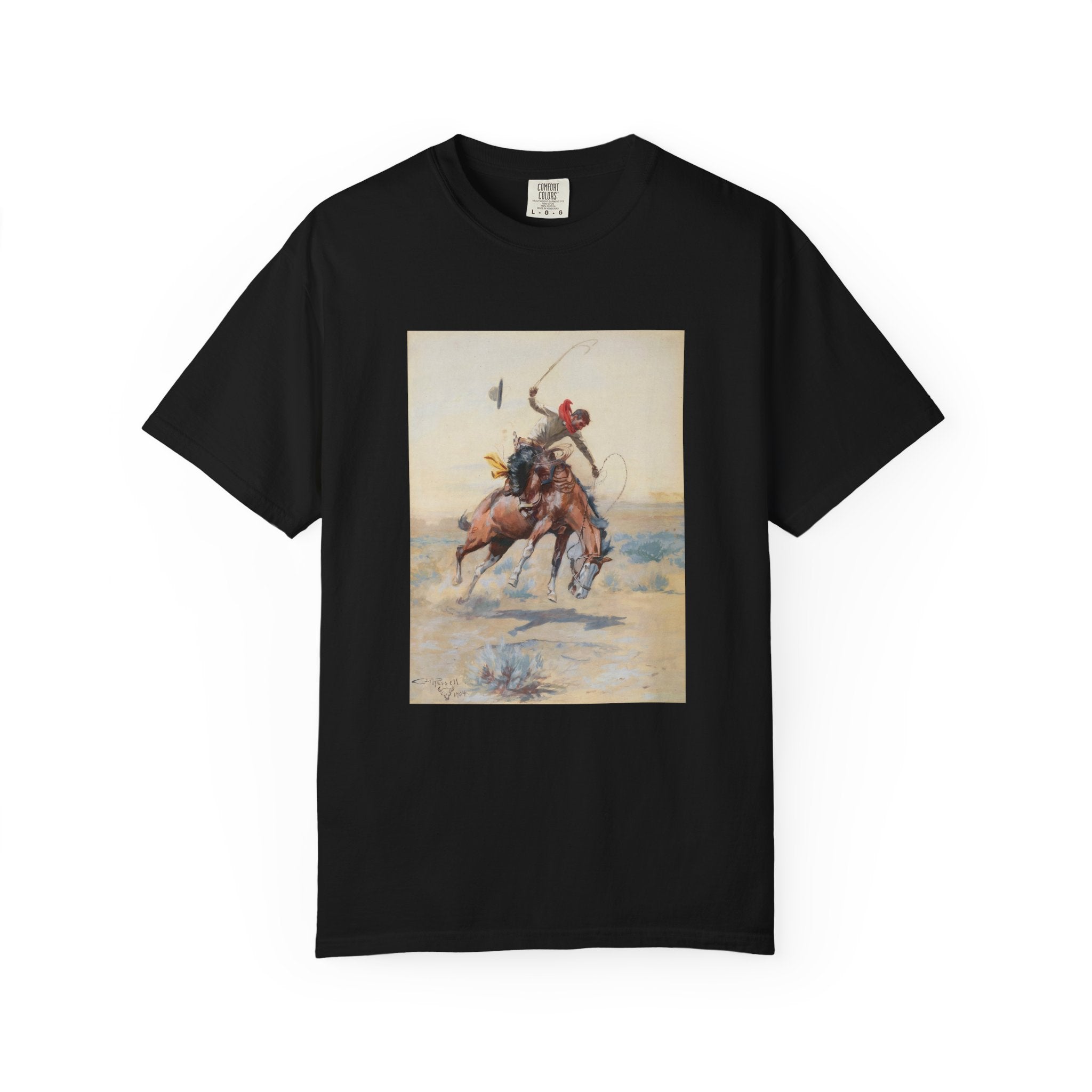 Black T-shirt featuring Charles Marion Russell’s The Bucker, showing a cowboy riding a bucking horse in a Western landscape.