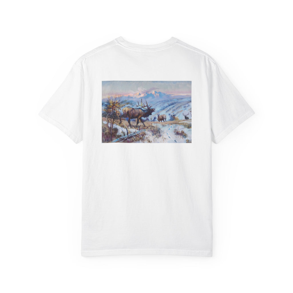 White T‑shirt featuring Charles Marion Russell’s The Call, showing an elk bugling in a natural Western landscape.