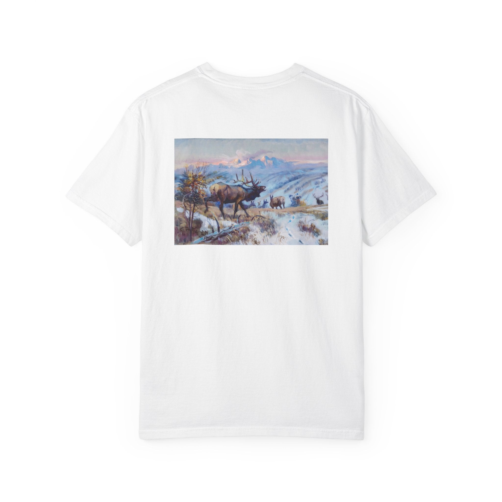 White T‑shirt featuring Charles Marion Russell’s The Call, showing an elk bugling in a natural Western landscape.