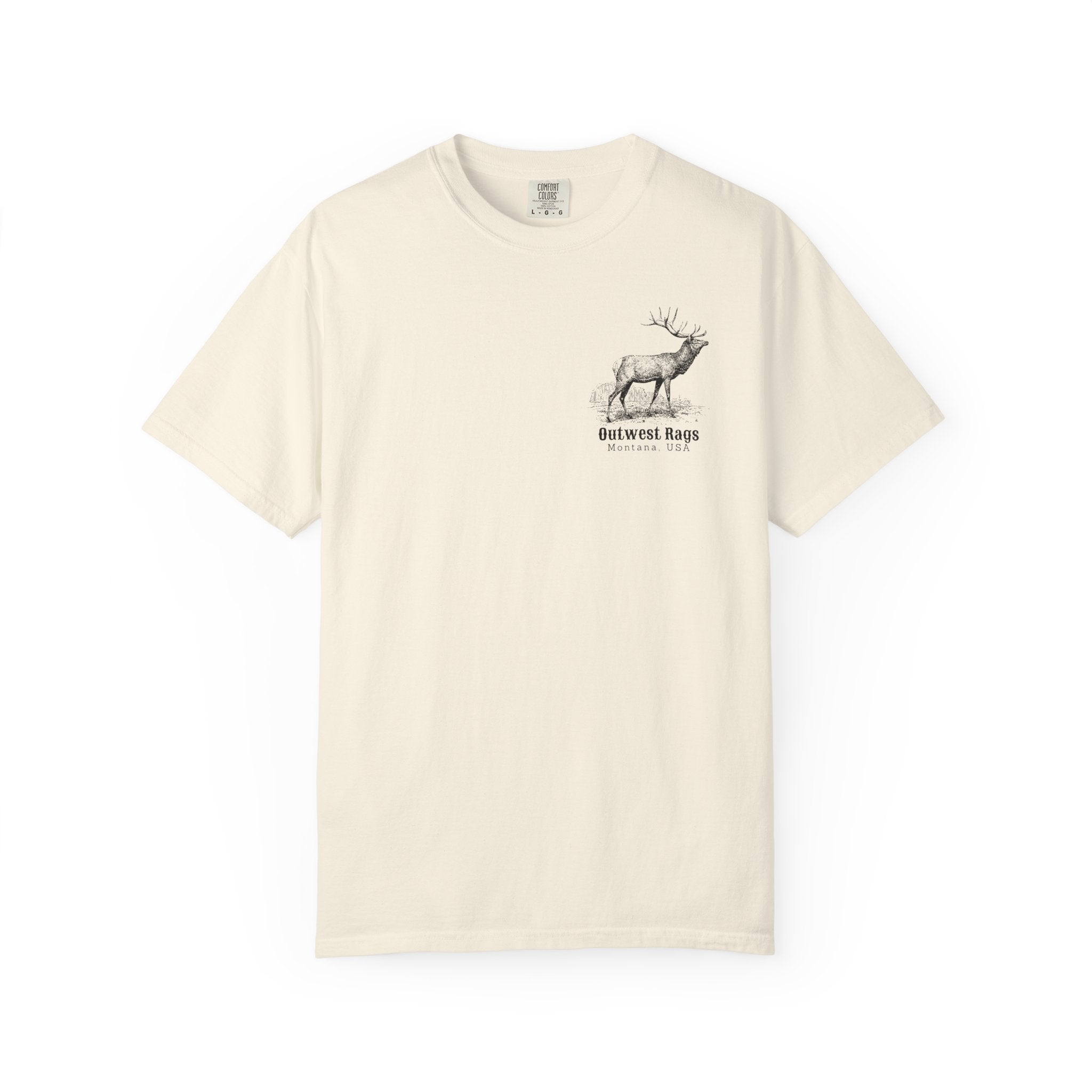 Beige T‑shirt featuring Charles Marion Russell’s The Call, showing an elk bugling in a natural Western landscape.