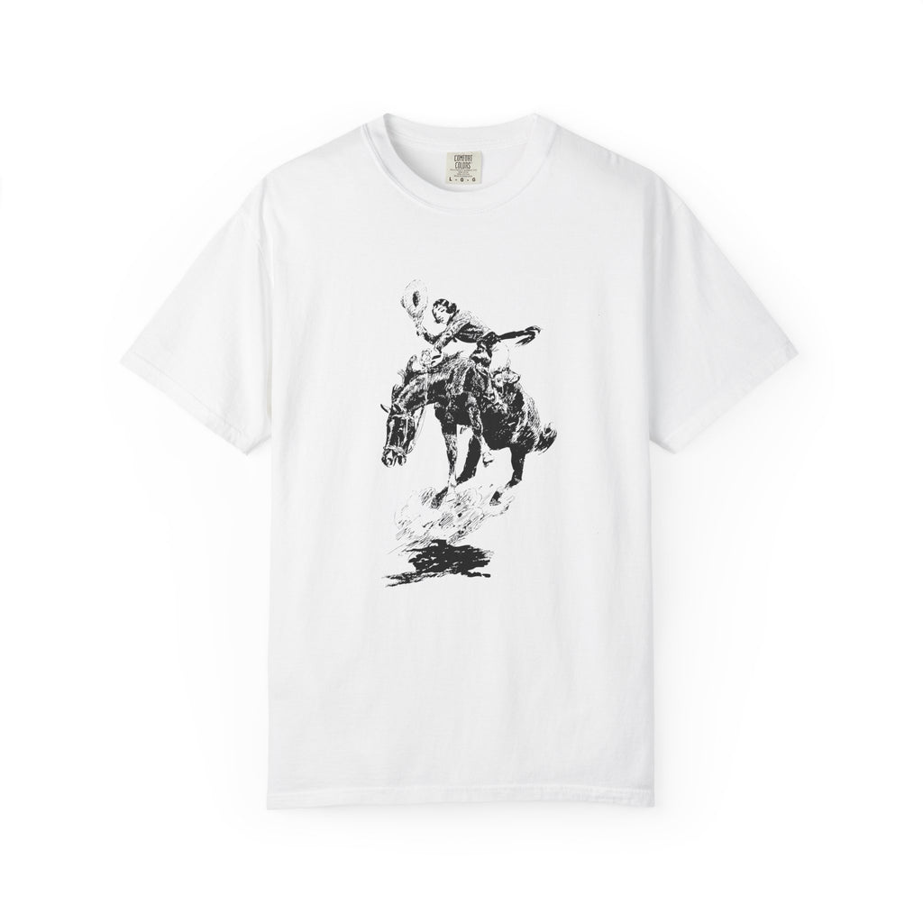 White T-shirt featuring a black-and-white sketch of Charles Marion Russell’s Bucking Horse and Cowgirl, showing a cowgirl riding a bucking horse.