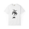 White T-shirt featuring a black-and-white sketch of Charles Marion Russell’s Bucking Horse and Cowgirl, showing a cowgirl riding a bucking horse.