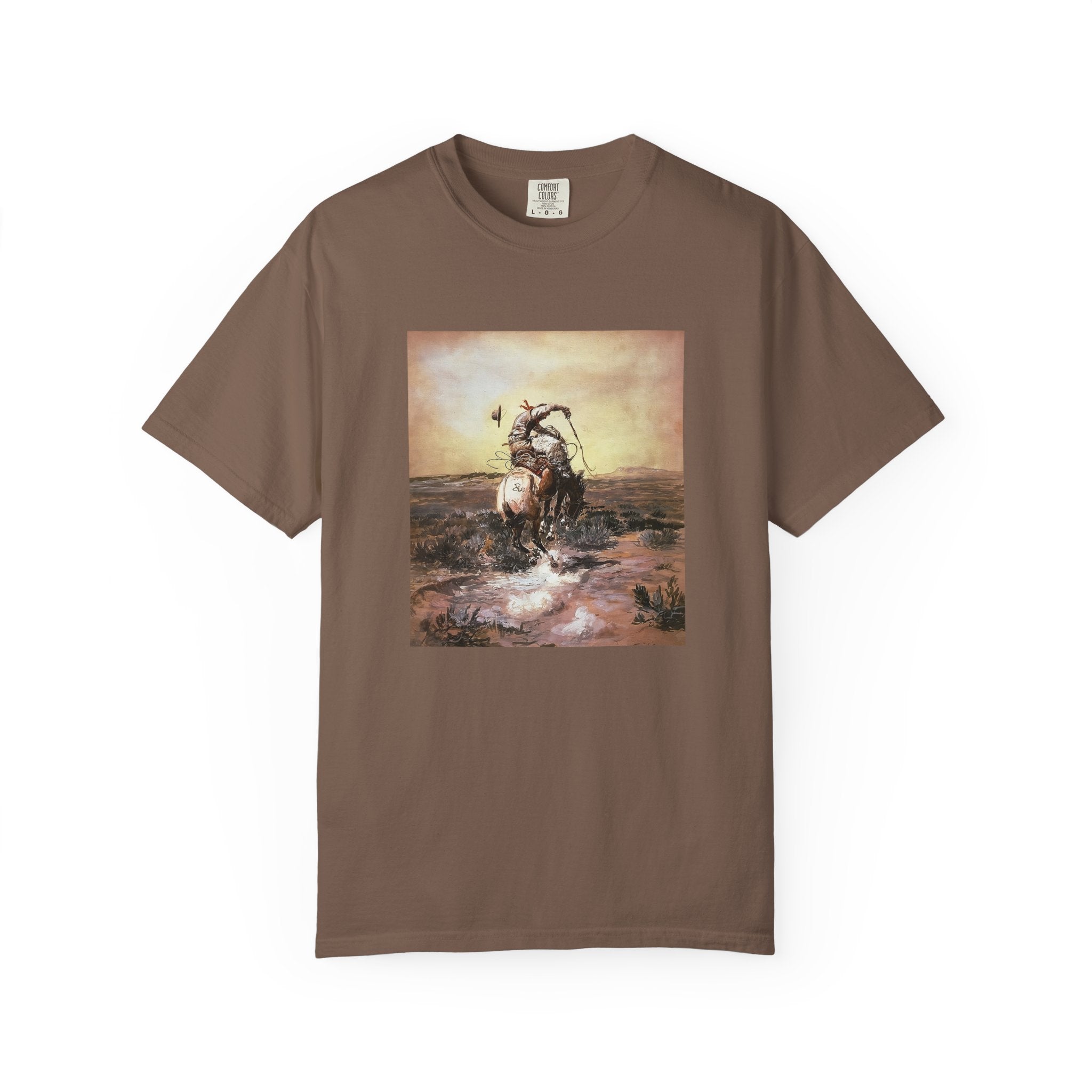 Brown T‑shirt featuring Charles Marion Russell’s A Slick Rider, showing a cowboy riding a bucking horse.