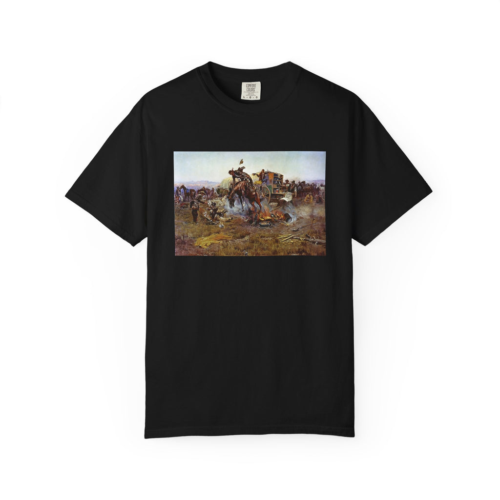 Black T‑shirt featuring Charles Marion Russell’s Camp Cook’s Troubles, showing a cowboy’s bucking horse upsetting a camp breakfast with the cook reacting in chaos.