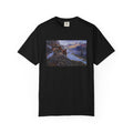 Black T-shirt featuring Charles Marion Russell’s Whose Meat?, with a cowboy on foot and his horse confronting a bear over a deer.