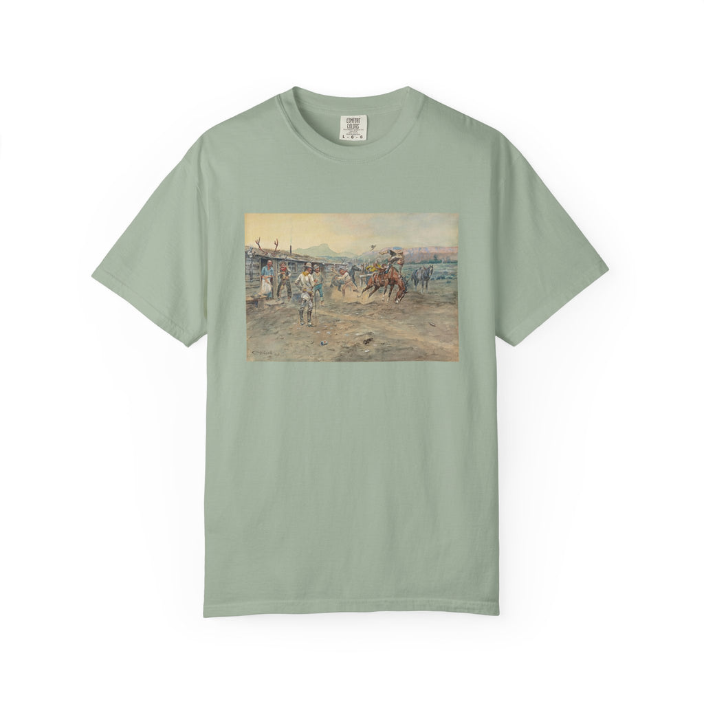 Green T‑shirt featuring Charles Marion Russell’s The Tenderfoot, showing a tenderfoot being thrown from a bucking horse while cowboys look on in a lively Western scene.