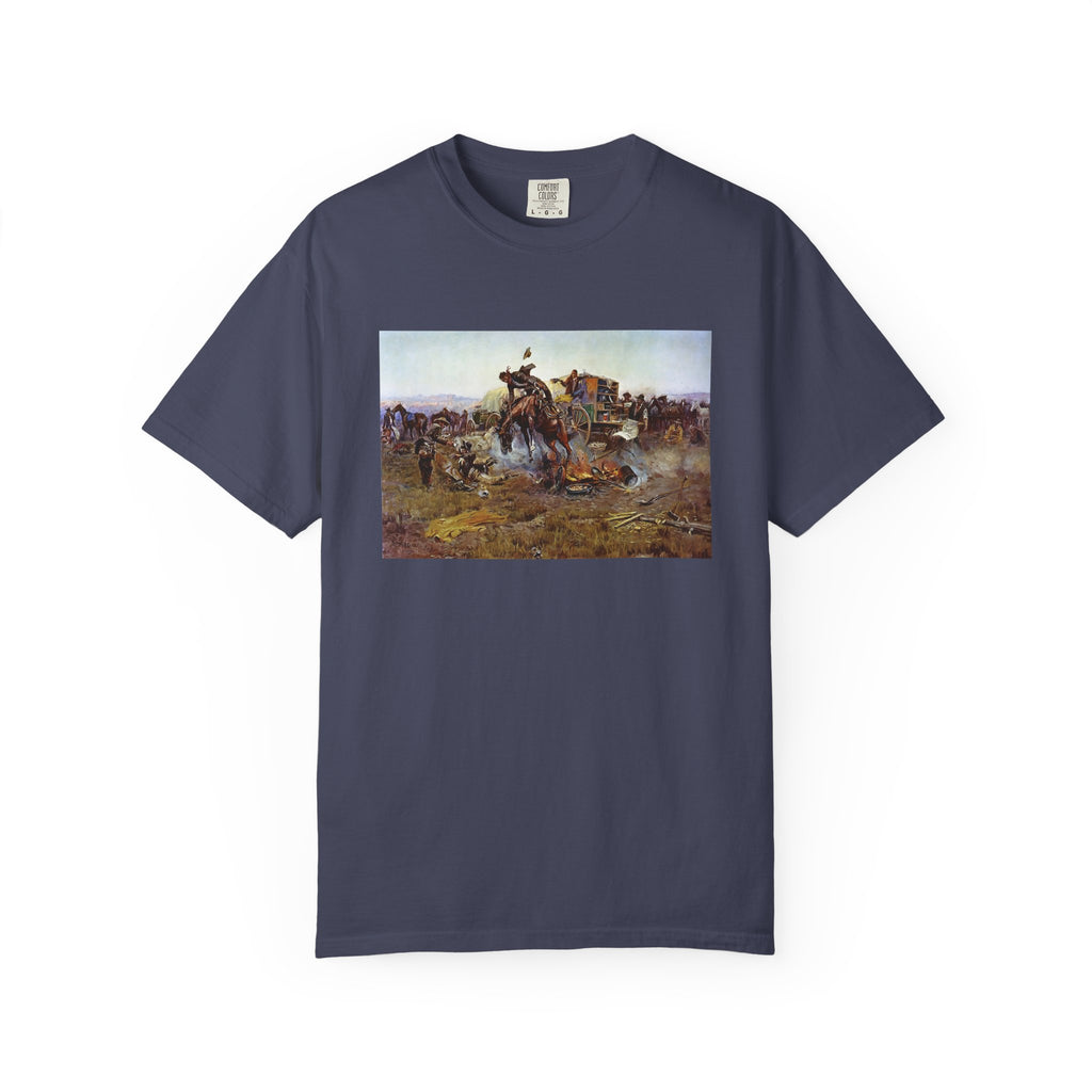 Navy blue T‑shirt featuring Charles Marion Russell’s Camp Cook’s Troubles, showing a cowboy’s bucking horse upsetting a camp breakfast with the cook reacting in chaos.