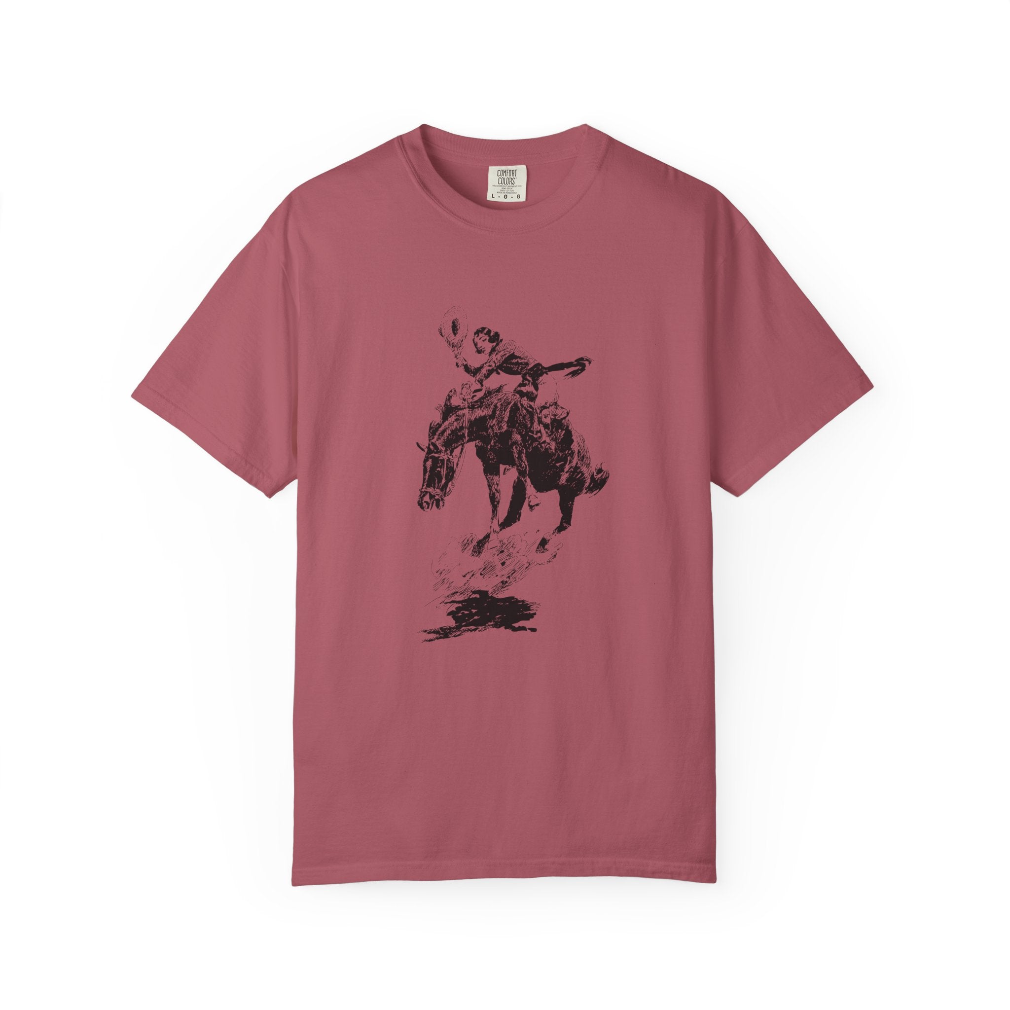 Crimson T-shirt featuring a black-and-white sketch of Charles Marion Russell’s Bucking Horse and Cowgirl, showing a cowgirl riding a bucking horse.