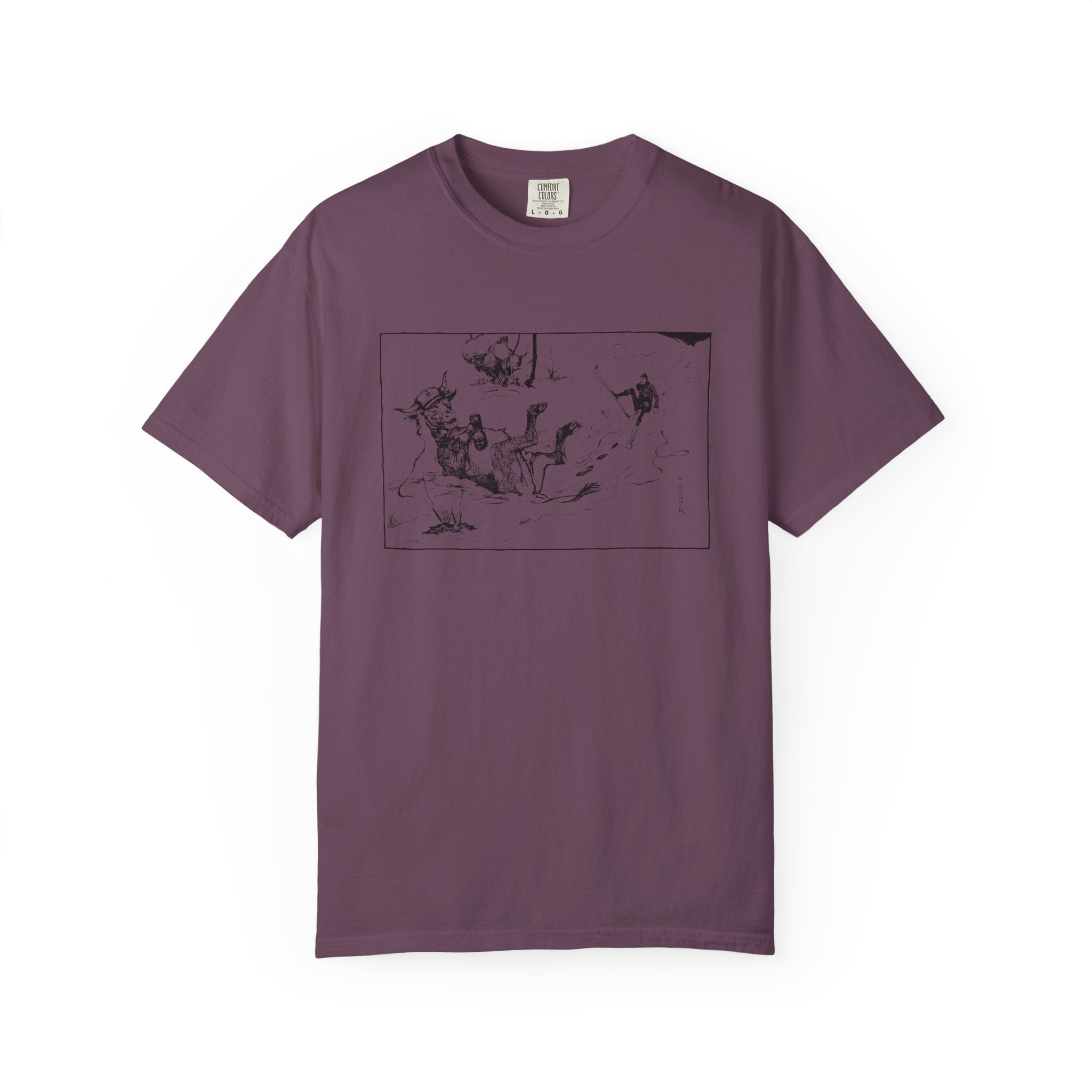 Purple T‑shirt featuring Valentin Hodnik’s artwork, showing a skier and a cow nearly colliding on a snowy slope.