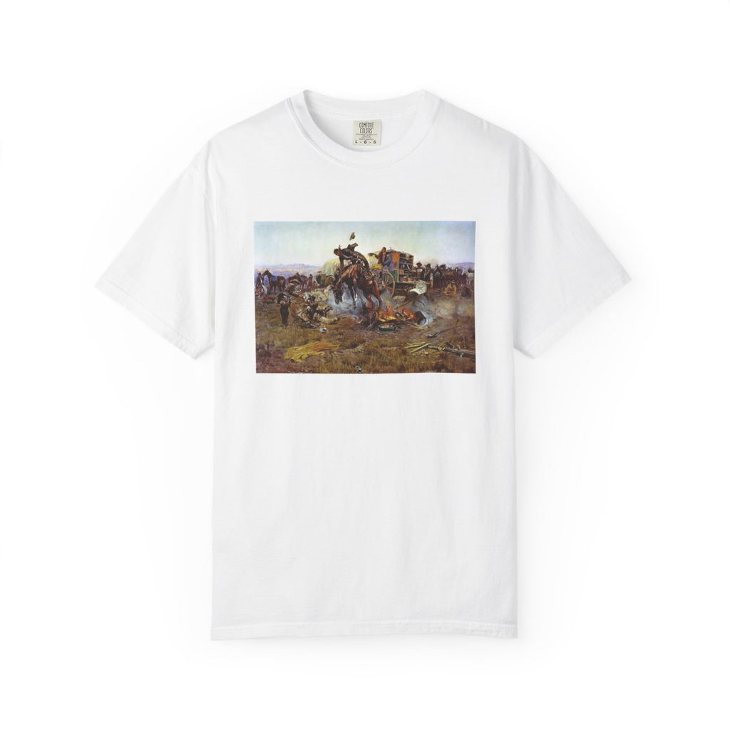 White T‑shirt featuring Charles Marion Russell’s Camp Cook’s Troubles, showing a cowboy’s bucking horse upsetting a camp breakfast with the cook reacting in chaos.