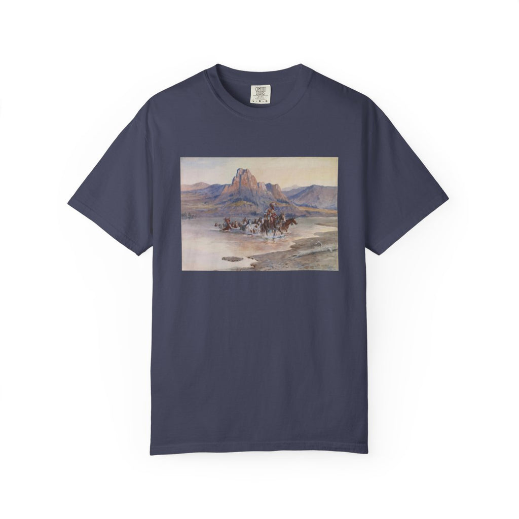 Navy blue T‑shirt featuring Charles Marion Russell’s Return of the Horse Thieves, showing horse thieves leading stolen horses across a river in a Western landscape.